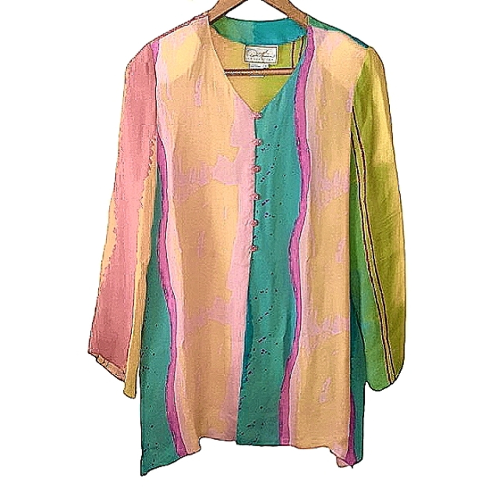 Diane Gilman Pastel Striped Button-Front Blouse - Pink, Yellow, Teal, Green